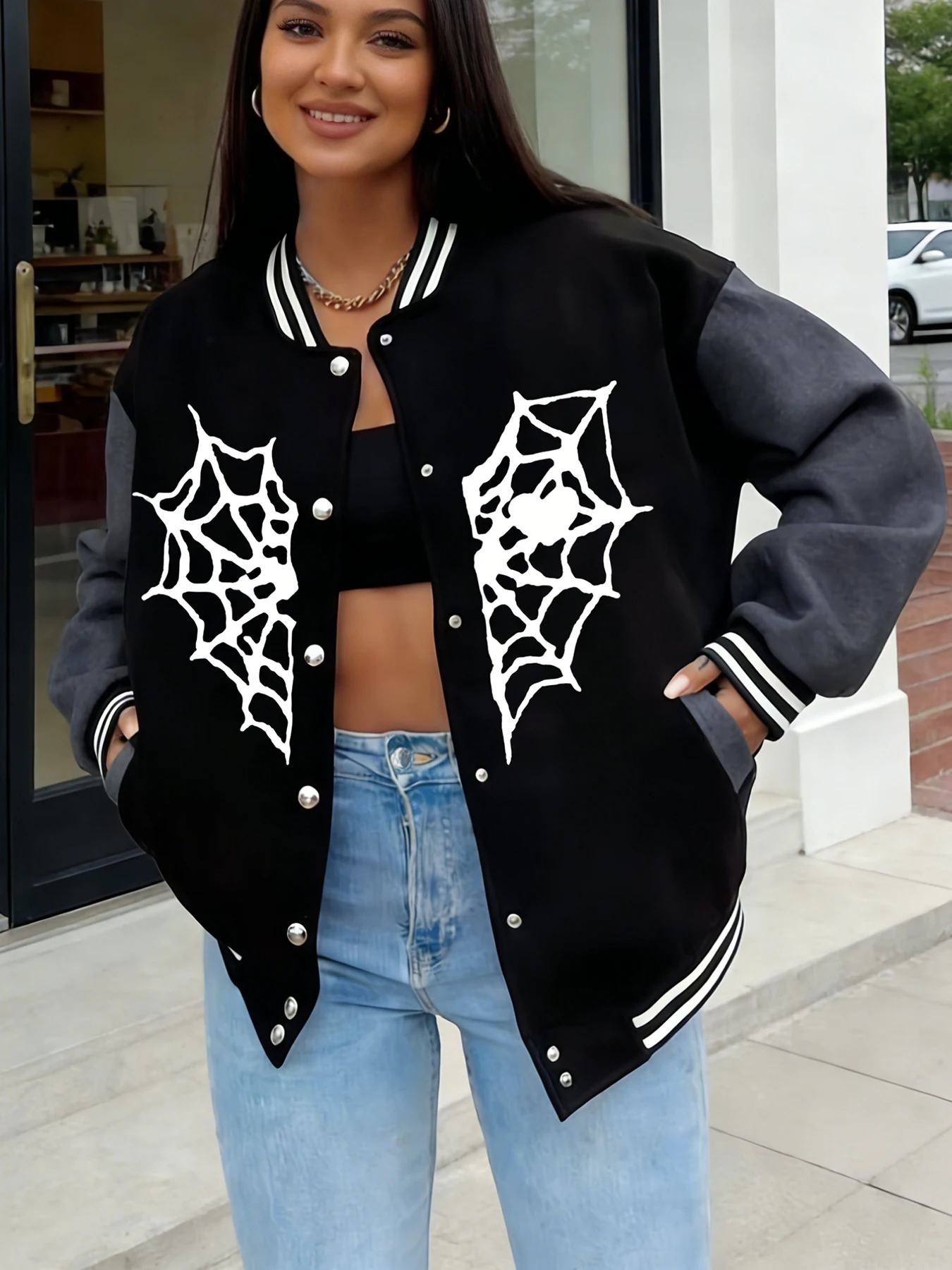Oversized Varsity Jacket Women White Spider Web Print Casual Fashion Baseball Coat Street Style Outerwear Warm Freece Clothing