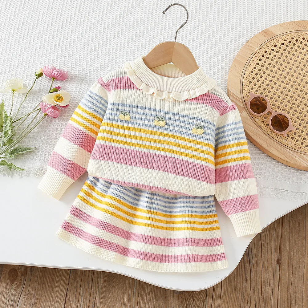 

Осенний костюм для маленьких девочек, вязаные полосатые свитера и юбки, корейская радужная одежда для девочек, комплект из 2 предметов