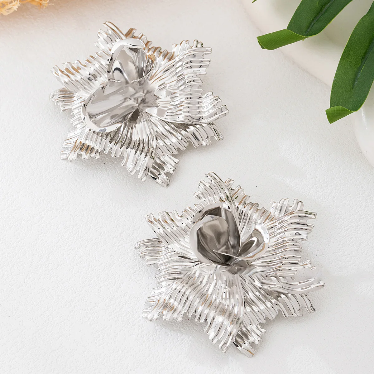 Oversized Textured Metallic Flower Earrings Dramatic Golden Floral Ear Stud Retro Statement Jewelry Bold Evening Party Wear