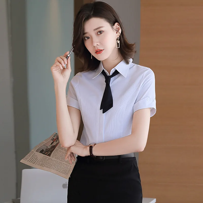 NAVIU Women White Short Sleeve Blouse Simple Workwear Chic Shirt Detachable Bow Tie Light Blue Tops Work Clothes Summer 2024