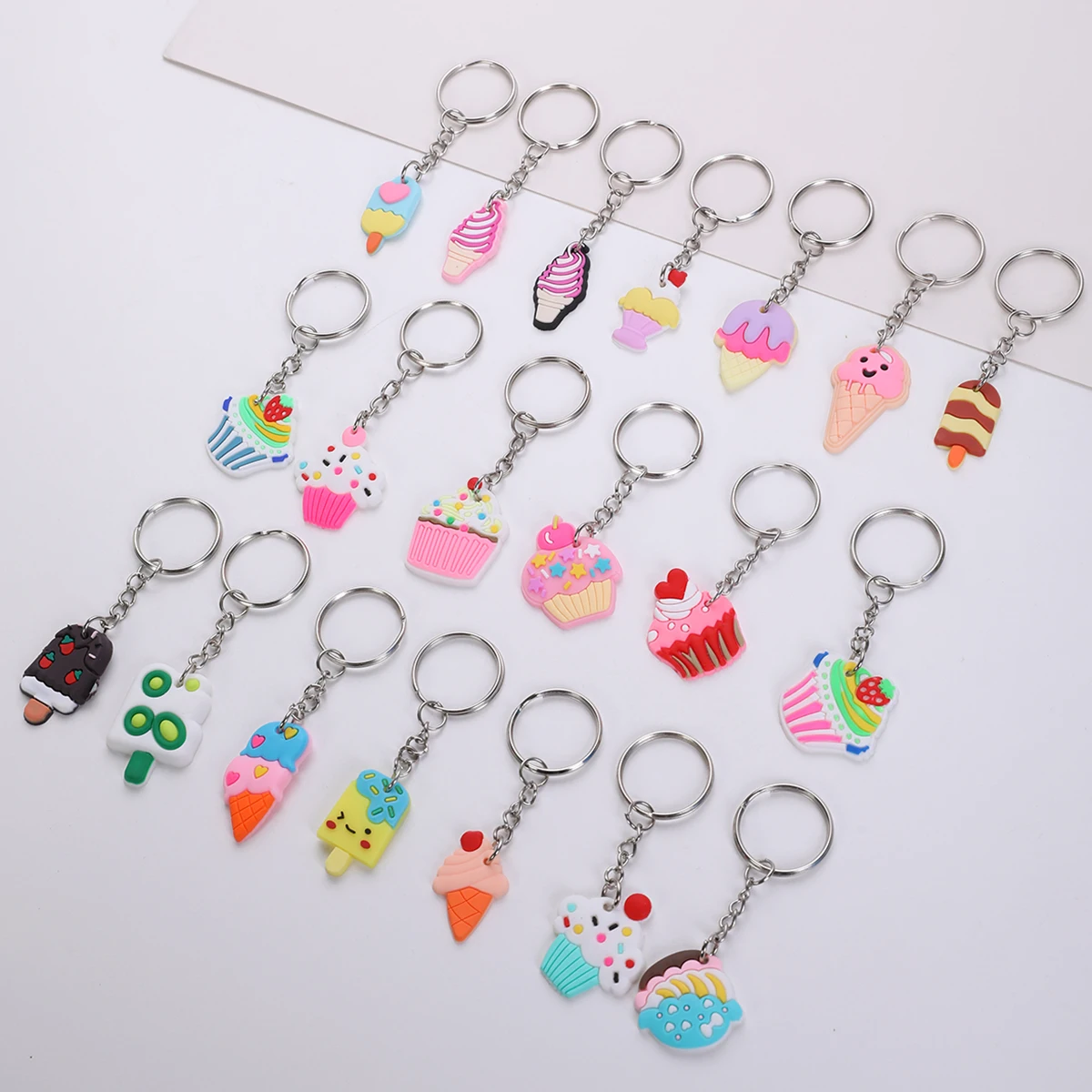 20pcs Cartoon Ice Cream Cake Keychain Cute PVC Key Chain Ring Bag purse Backpack Charm Birthday Party Decor Women Girls Gift