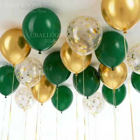 30pcs Gold Green Balloons 10'' Chrome Gold Confetti Dark Green Balloons for Birthday Wedding Safari Wild One Baby Shower Decor