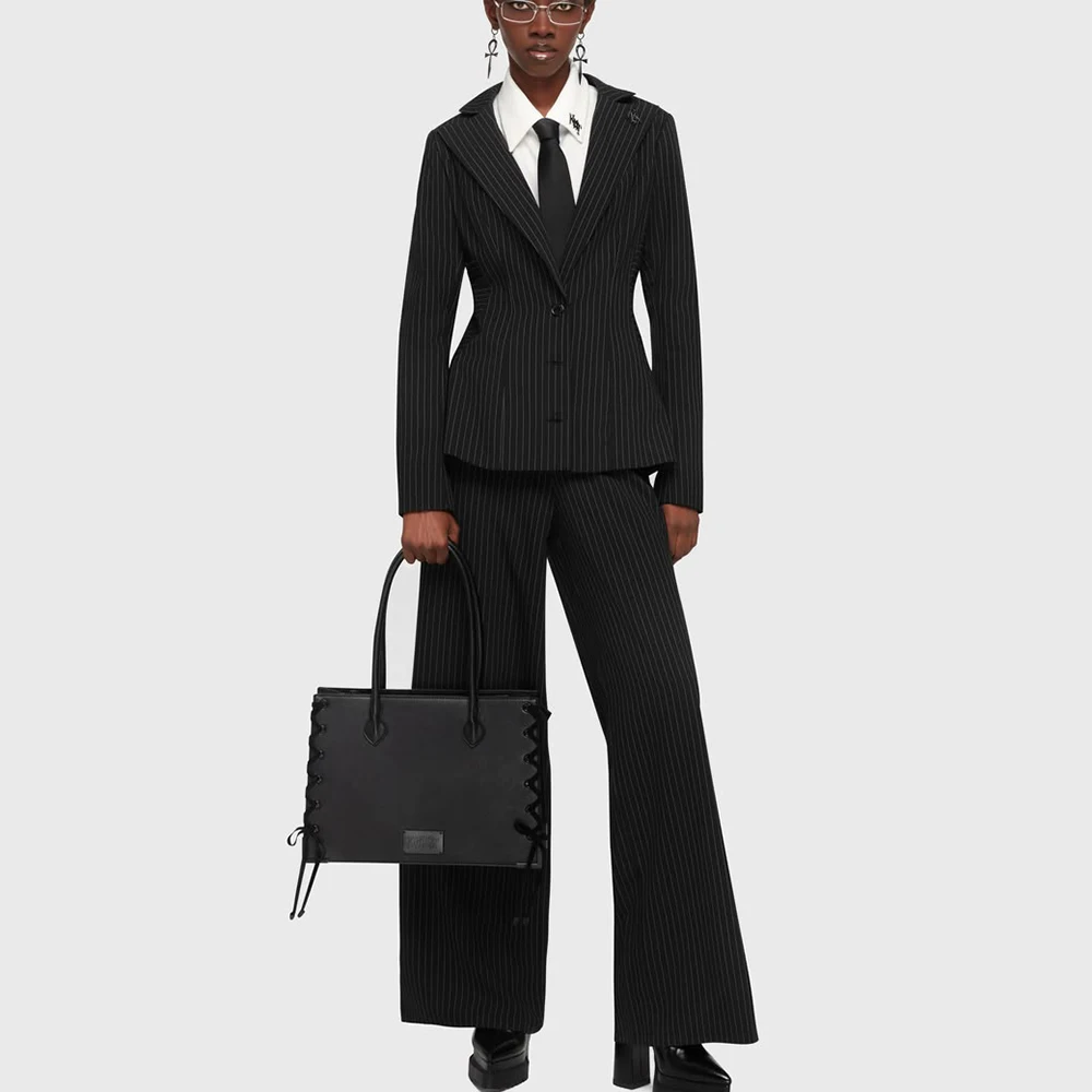 Elegant Black Pinstripe Women's Blazers and Suit Sets Single Breasted 2 Piece Jacket Pants Formal Classic Office Lady Wear