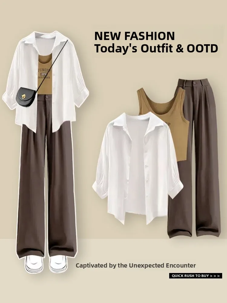 

Fashionable High Waist Long Sleeve Women's Three-Piece Set Autumn New Style Casual Pants Matching Tank Top Shirt Ensemble