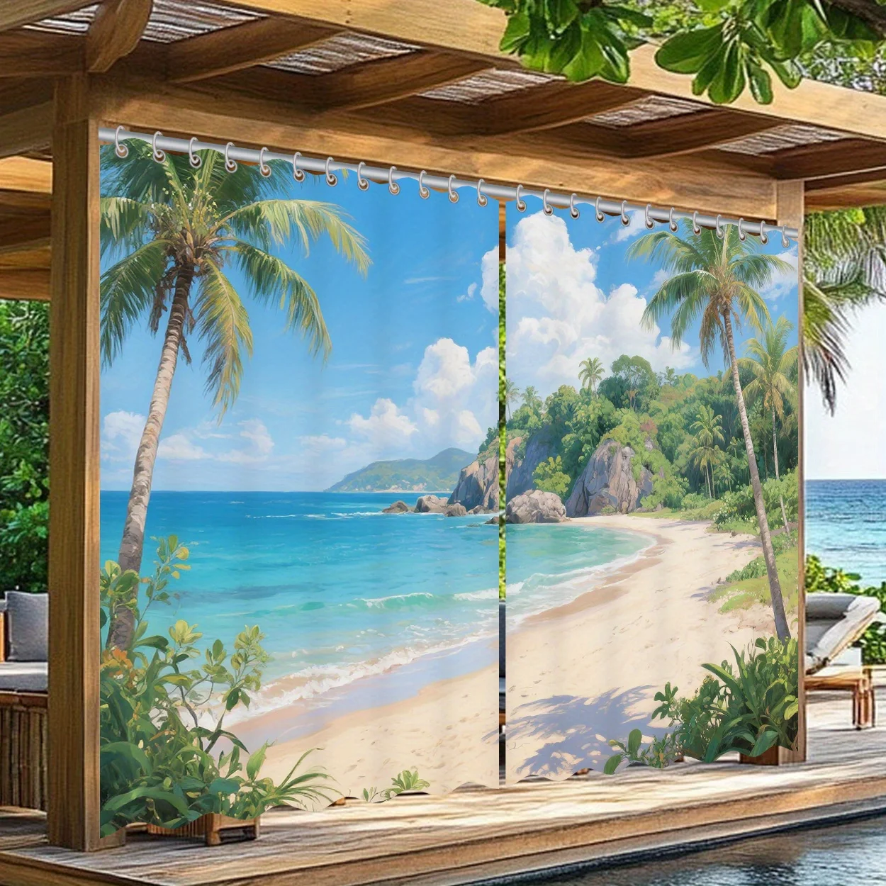Realistic Tropical Beach View Curtains Waterproof Window Decor Curtain Panel Luxury Resort Style Ocean Palm Tree Scenes for Home