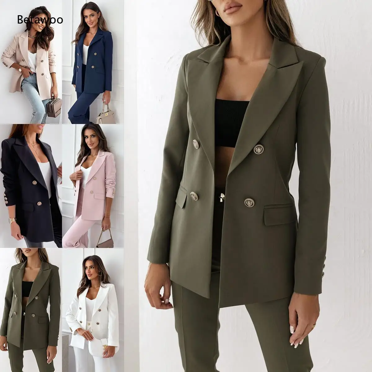 Women Double Breasted Blazer Notched Collar Roll Sleeve Pocket Casual Office Formal Outerwear Jacket Wear