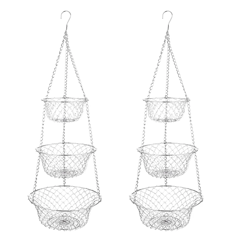 

2X 3 Tier Fruit Basket, Vegetable Kitchen Storage Basket Chain Hanging Space Saving Fruits, Plants Storage Basket