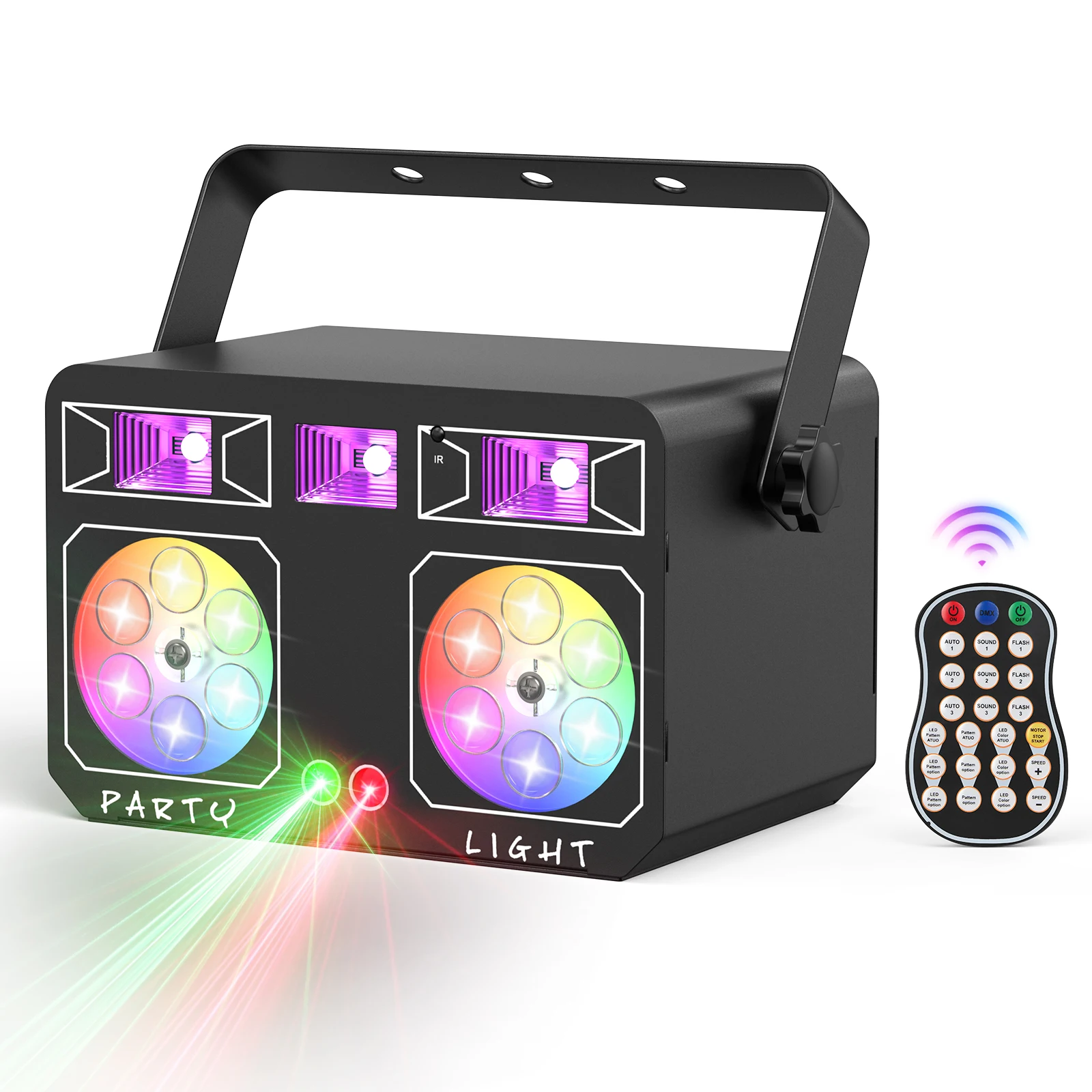 Yiflamefly RGBWY 5IN1 Effekt-DJ-Bühnenbeleuchtung Disco-Party-Lichter mit drehbarem LED-Muster DMX-Laserlichter für Bar, KTV, Nachtclub