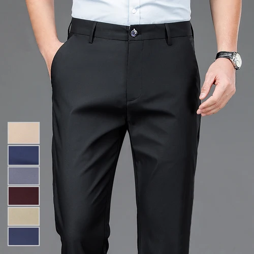 Pantalones masculinos elásticos de color negro liso, pantalones informales inteligentes para hombre, pantalones de traje de secado rápido para oficina, nuevos Pantalones rectos coreanos para primavera y otoño