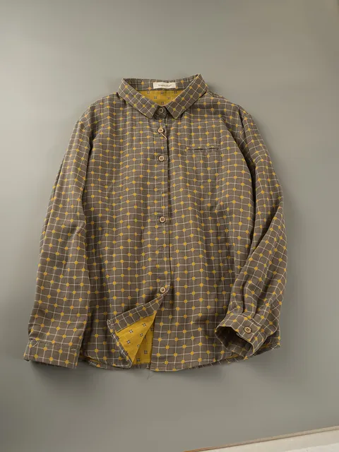 Lamtrip Vintage Women Casual Polka Dots Soft Double Layers Cotton Yarn Long Sleeve Shirt Blouse 4