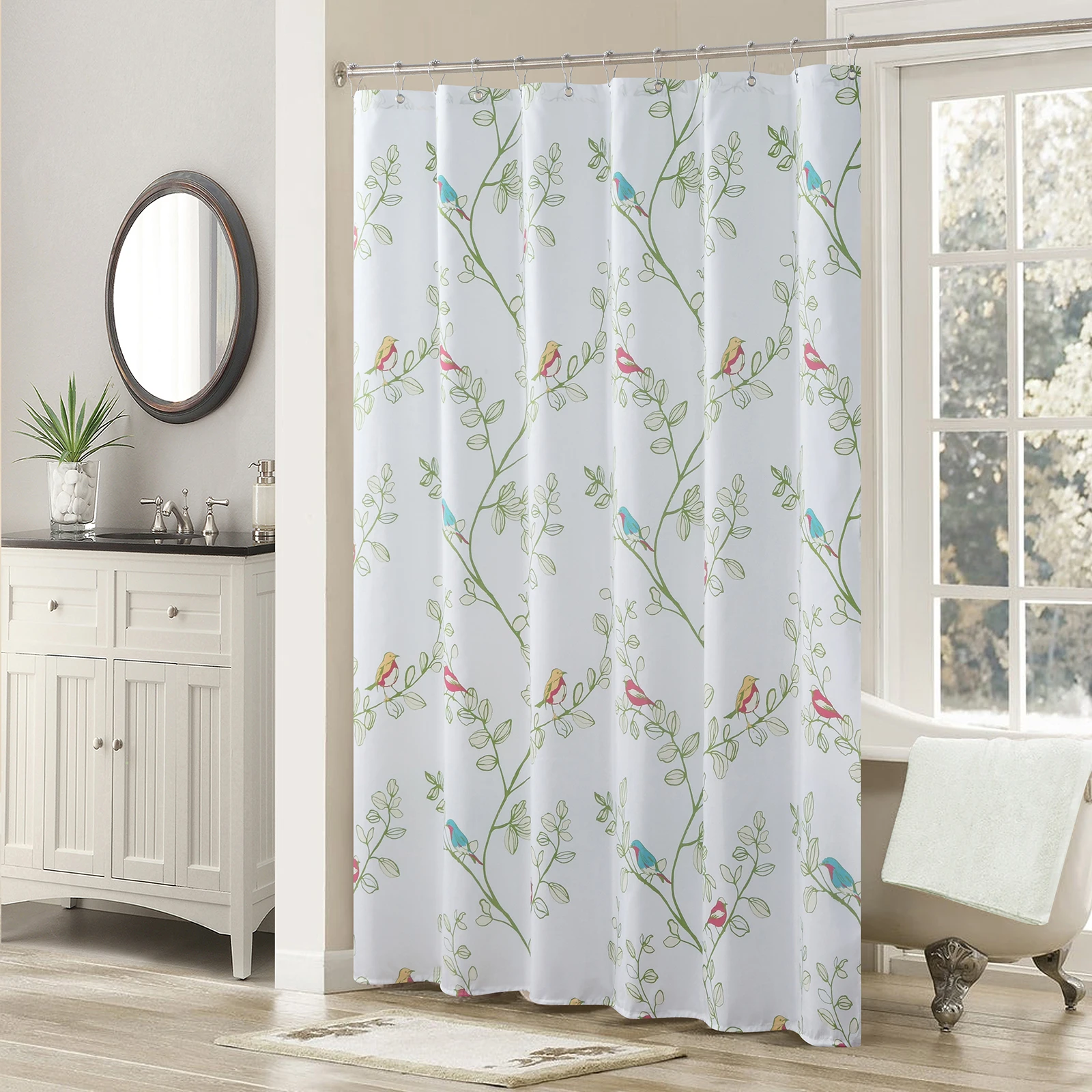 Maria Green Floral Spring Flower Polyester Fabric White Plants Printed Waterproof Fresh Shower Curtain