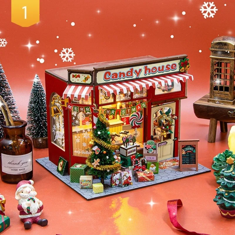 

Christmas DIY Candy House Wooden Miniature Model Kit 3D Puzzle Sugar Doll Houses With Furniture Dollhouse for Friends Gifts