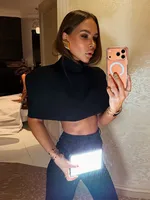 Elegant Women Shawl Cropped Top Shoulder Pads Stand Collar Short Sleeve Black Female T-shirt 2026 Spring Summer Lady Partywear - Image 2