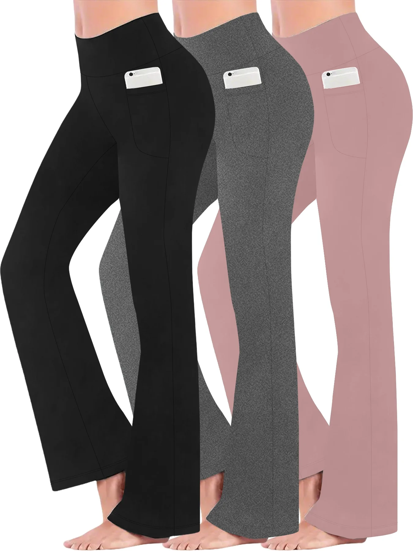 

3 Pack Women's Super Soft Flare with Pockets High Waisted Tummy Control Workout Yoga Push Up Gym Fitness Leggings Bell Bottoms