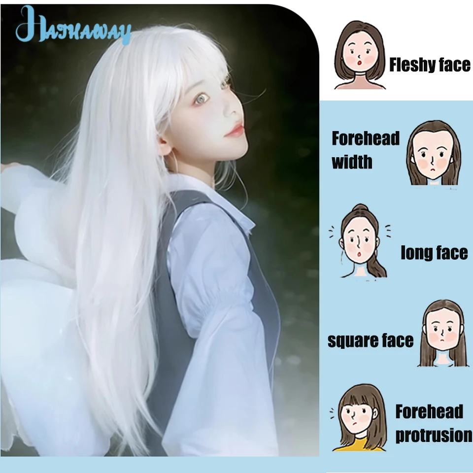 Wig putih rambut panjang wanita penuh kepala Universal Cosplay kedua Lolita Wig rambut panjang lurus poni putih pakaian sehari-hari pesta Cosplay