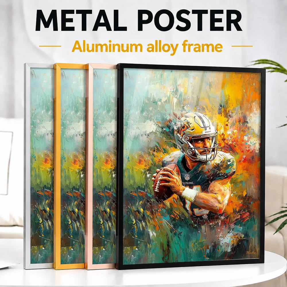 Abstract Football Player Framed Metal Print Customized Photo Energetic Action Style Wall Art For Game Room Ideal Birthday Gift