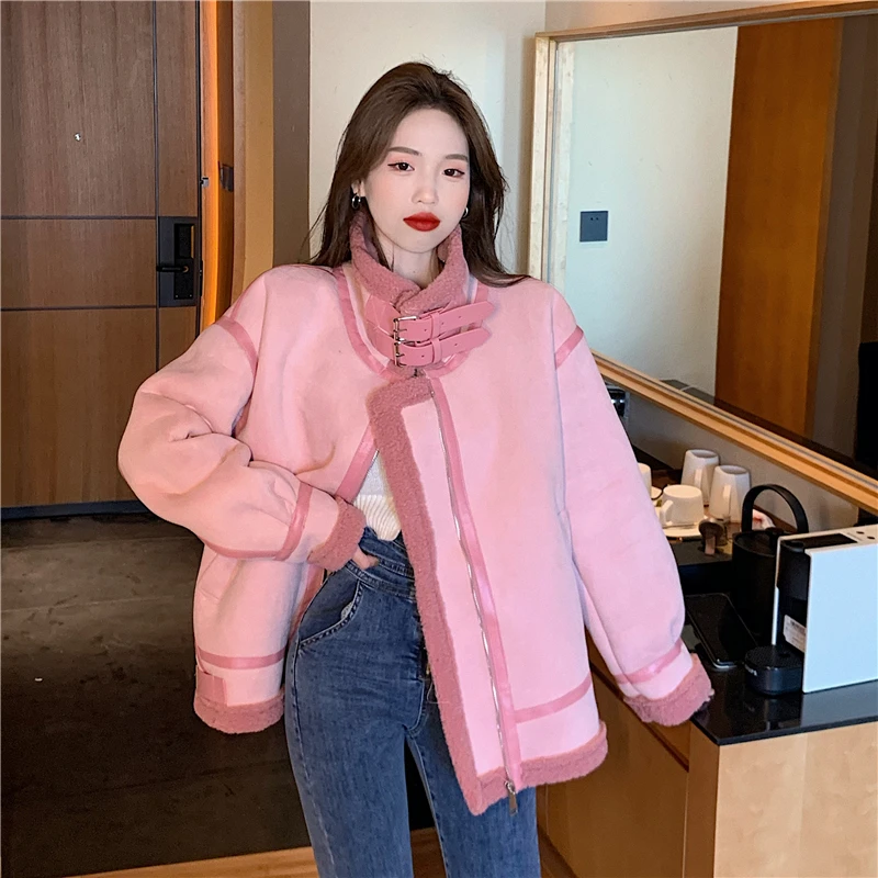 

Women's Pink Faux Lamb Fleece Jackets Soft Warm Stand Collar Long Sleeve Velvet Coat Fall Winter Female Suede Outerwears