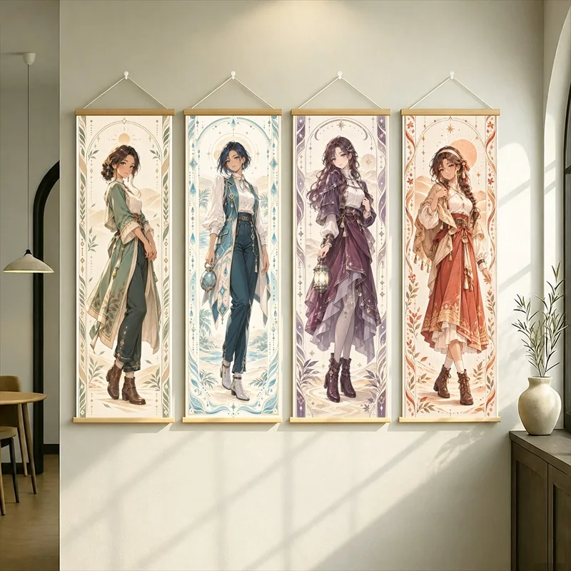 Anime Women in Olive, Teal, Purple and Rust Outfits Hanging Scroll with Vintage Inspired Floral Borders for a Reading Nook
