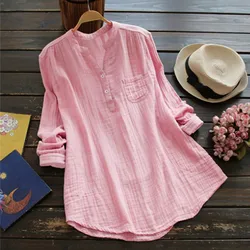 Linen Solid Color Women Shirt Long Sleeved Loose Casual Lady Shirt With Pockets Female V-Neck Basics Prairie Chic Blouse Tops