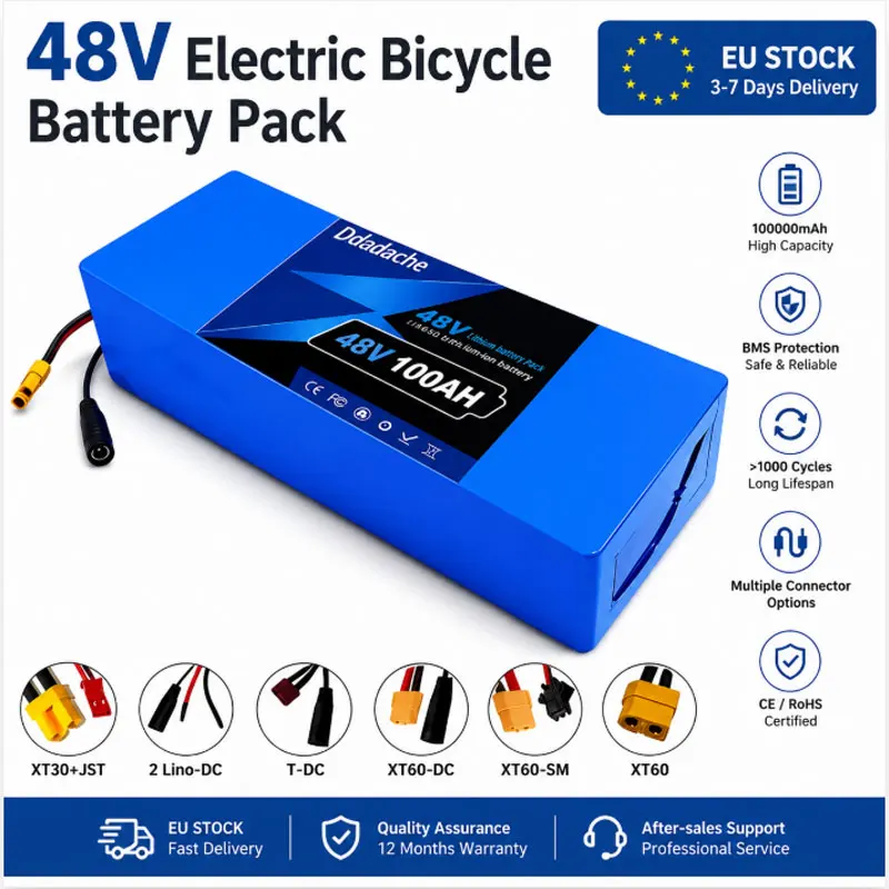 Image of 48V 100Ah 13S5P 18650 Lithium-Ionen-Akku mit integriertem intelligentem BMS-Schutzboard, wiederaufladbare Li-Ionen-Speicherbatterie für 250W-1000W E-Bike-Roller-Motoren, unterstützt passendes