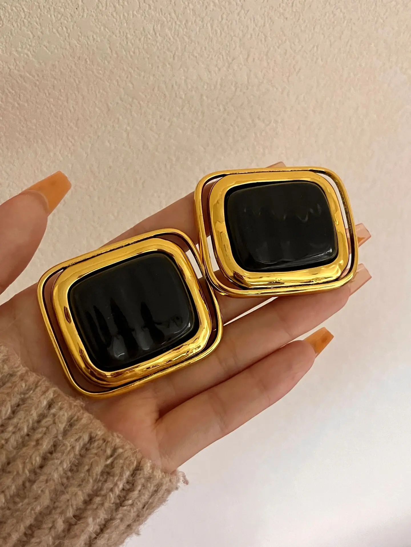 HUANQI Black Heavy Metal Rectangular Block Large Size 5cm Chunky Earrings for Women Exaggerated Fashion Vintage Party Jewelry