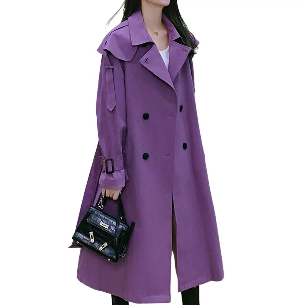 New in Outerwears Elegant Women Trenchcoat Purple Double Breasted Long Trench Coats Lapel Belted Jacket Mid Long Slim Clothes