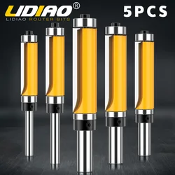 LIDIAO 1/5pcs Cortador de corte de carboneto 1/2in e 1/4in Haste Flush Trim Router Bit Ferramenta para trabalhar madeira Broca de roteador reta com ser