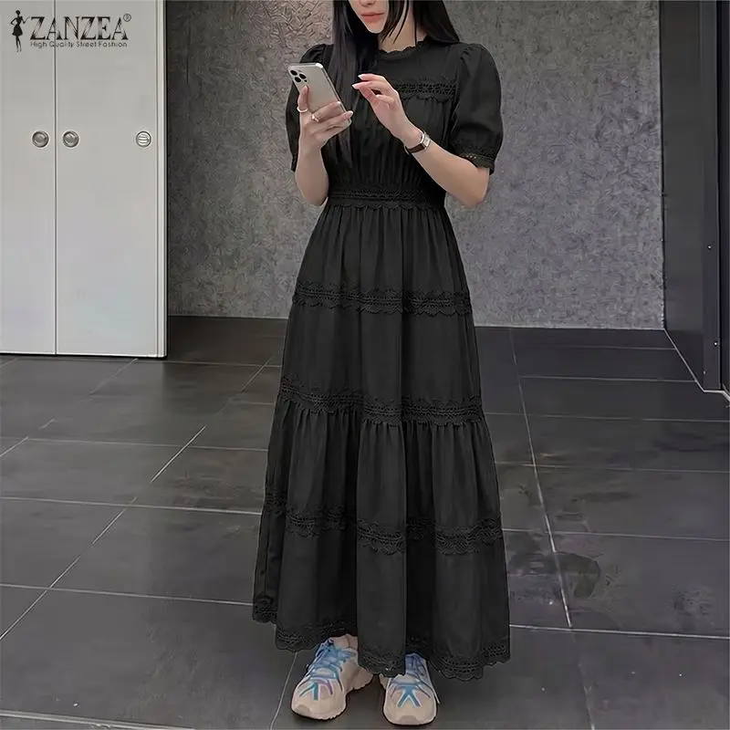 

ZANZEA 2026 Women Lace Dresses Sexy Solid Maxi Long Dress Summer Short Sleeve Bohemian Beach Sundress Party Robe Femme Oversized