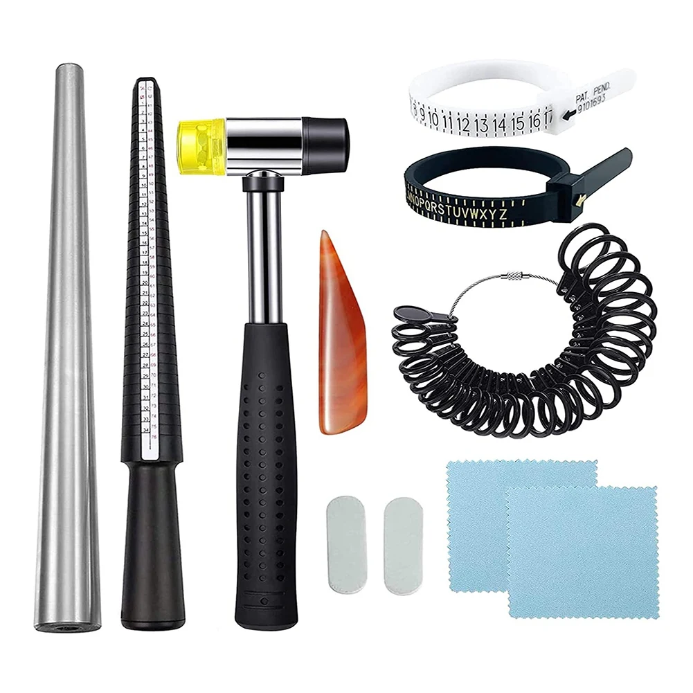 AT16 11Pcs Ring Sizer Measuring Tool, with Ring Mandrel Circle Jewelers Hammer and Polishing Tools for Jewelry Making Crafts