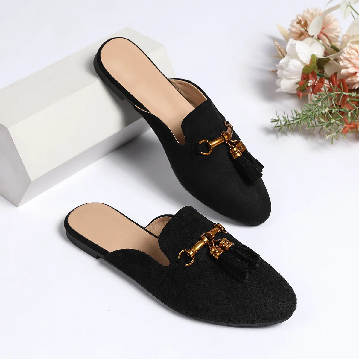 

New Fashion Women's Flat Half Silppers Round Head Bun Tassel Big Size Women Single Shoes Casual Silppers XQ1215-7