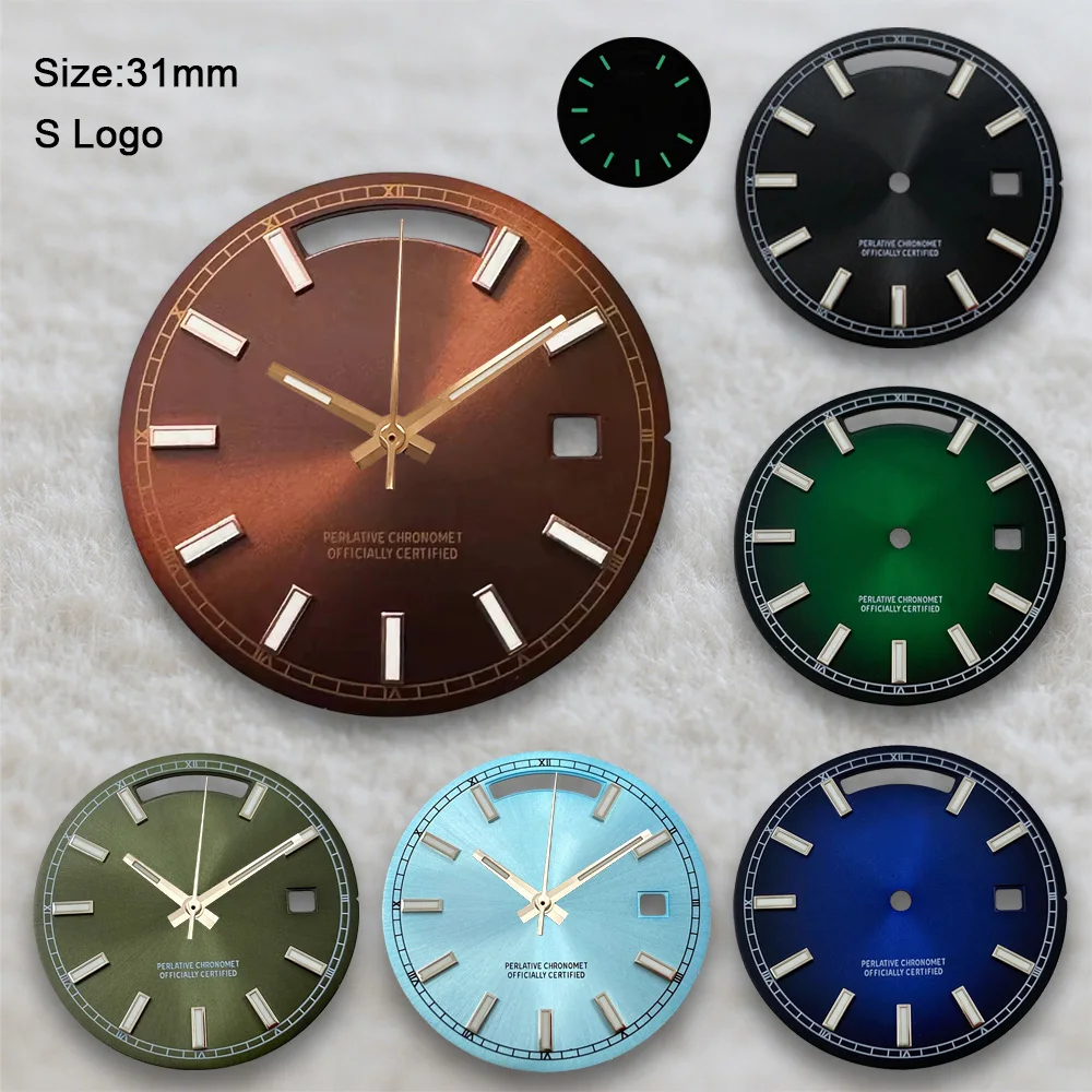 

31mm S Logo Day And Date Dial Suitable For 8285 Movement Green Luminous Watch Modification Accessories