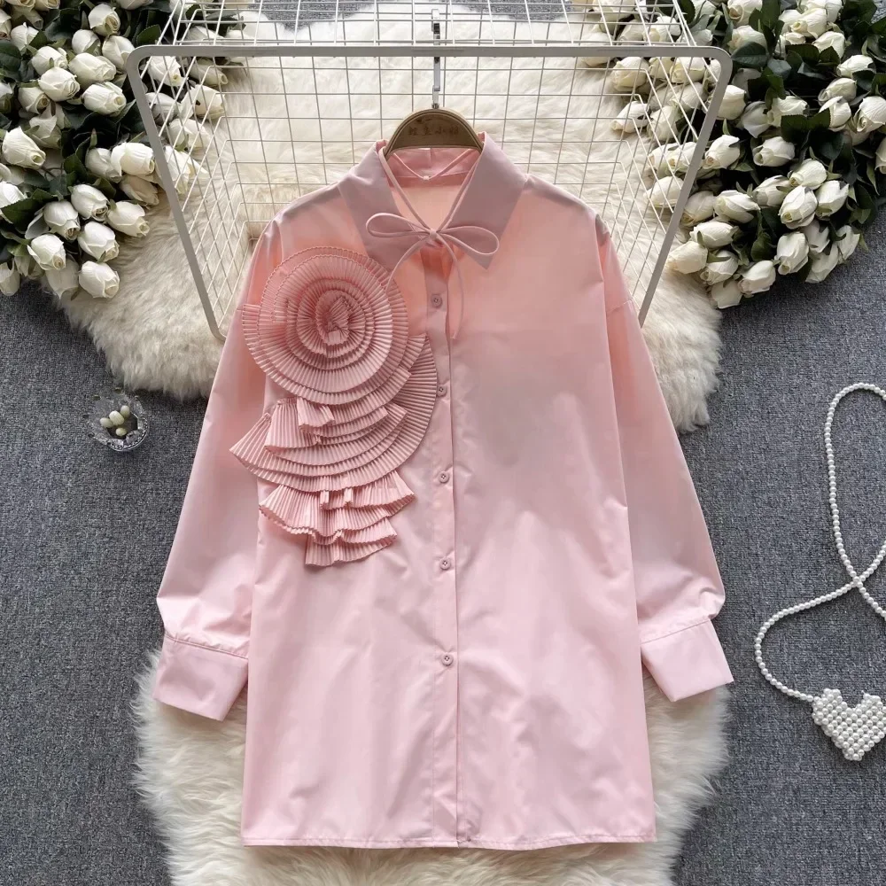 French Chic Women Blouse Fashion 3D Floral Long Puff Sleeve Turn-down Collar Lace Up Autumn Age-reducing Female Tops Dropship