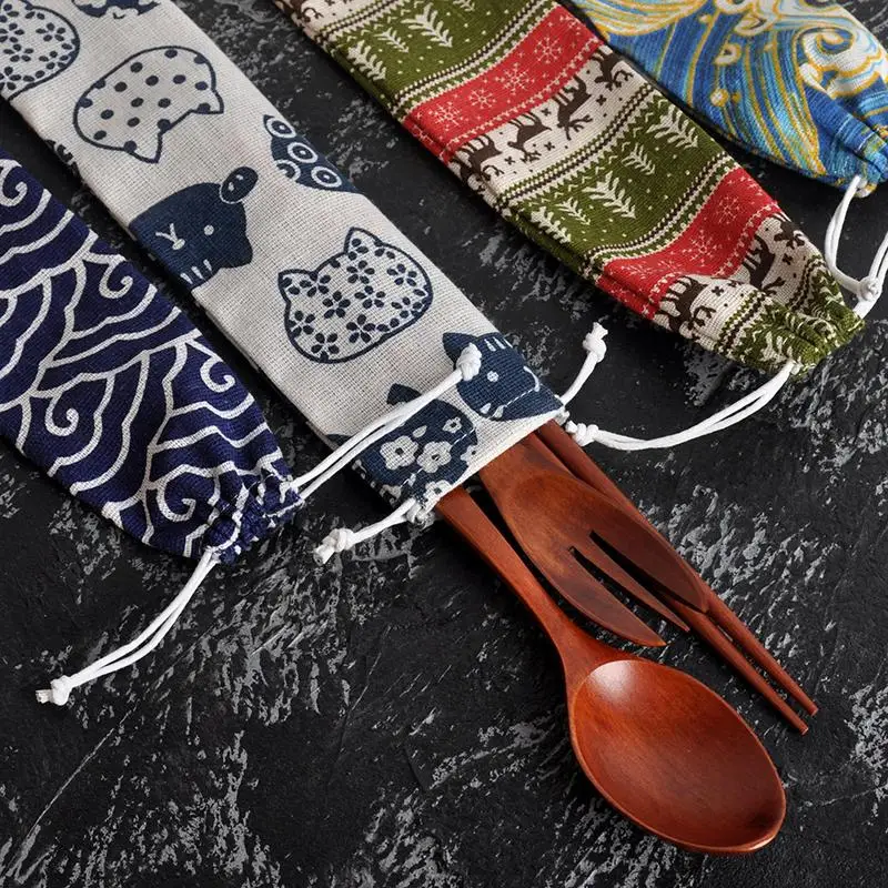 Eco-Friendly Utensil Pouch 4pcs Japanese Design Drawstring for Portable Straw Spoon Kit
