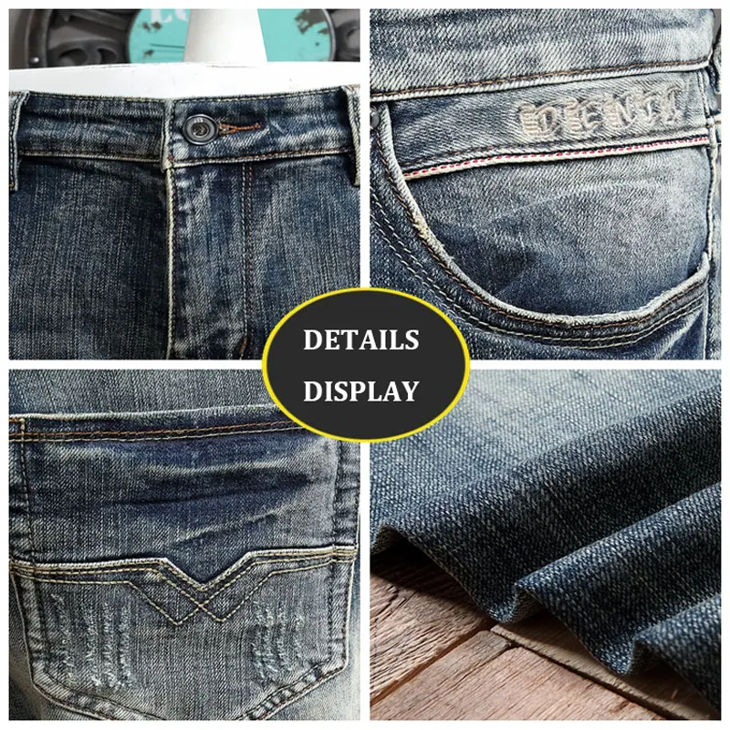 Fashion Vintage Men Jeans Retro Blue Stretch Elastic Slim Fit Ripped Jeans Men Embroidery Designer Casual Denim Pants Hombre