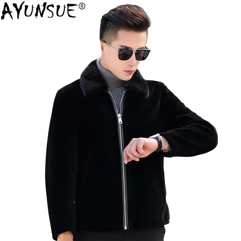 Men's Fur Coat Short Autumn Winter Jacket Men Sheep Shearing Wool Real Jackets Mink Collar HT9805 KJ1632