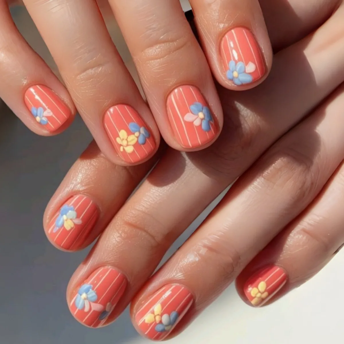 

24pcs red background blue and yellow small flower wearing armor, fresh floral short European square nail art, European and American fashionable fake nails, anniversary gift, perfect gift for women, birthday gift, holiday gift ﻿ ﻿ ﻿