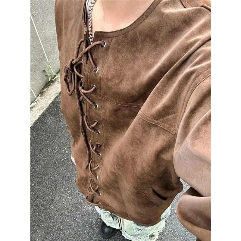 

Мужская коричневая мотоциклетная куртка с воротником-стойкой, свободного кроя, в стиле ретро, для повседневной носки, весна-осень, кожаное пальто, бренд BuPaiDui