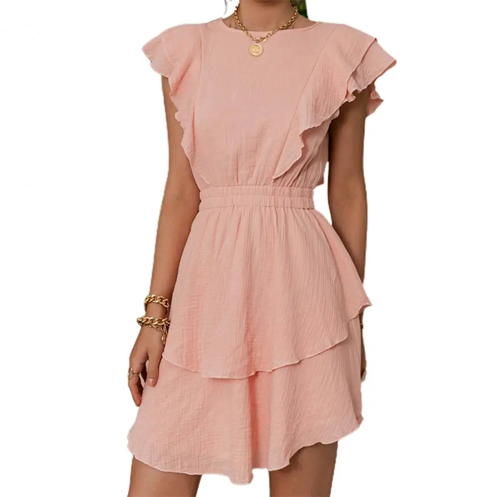 Vestido feminino com babados em camadas, vestido sem mangas femininas, decote em O, comprimento médio, cintura apertada, elástico, monocromático, verão