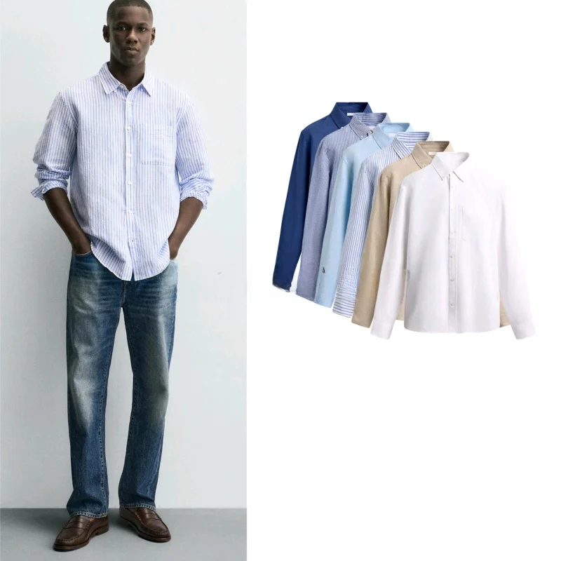 

Мужская приталенная рубашка с длинным рукавом для весны и лета, в деловом стиле, с однорядной застежкой на пуговицах, с воротником, верхняя одежда