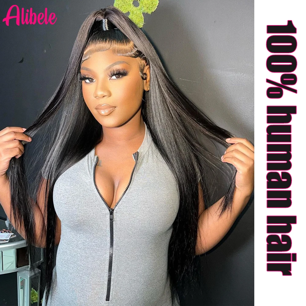 

ALIBELE Human Hair Wig Lace Front Wig Straight Transparent Lace Frontal Wig Pre Plucked Natural Black 12A Virgin Hair