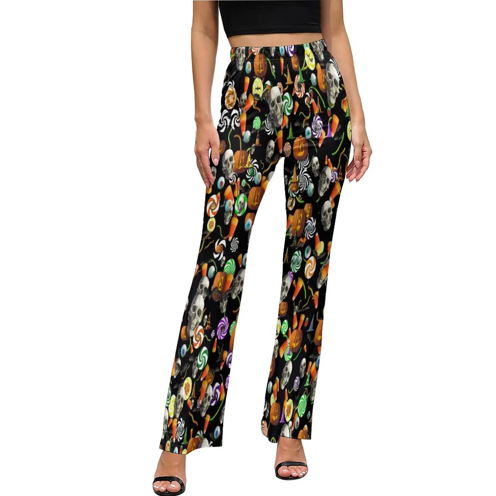 

Брюки с принтом черепа и мем, элегантные расклешенные брюки на Хэллоуин, летние женские уличные брюки с принтом, облегающие брюки