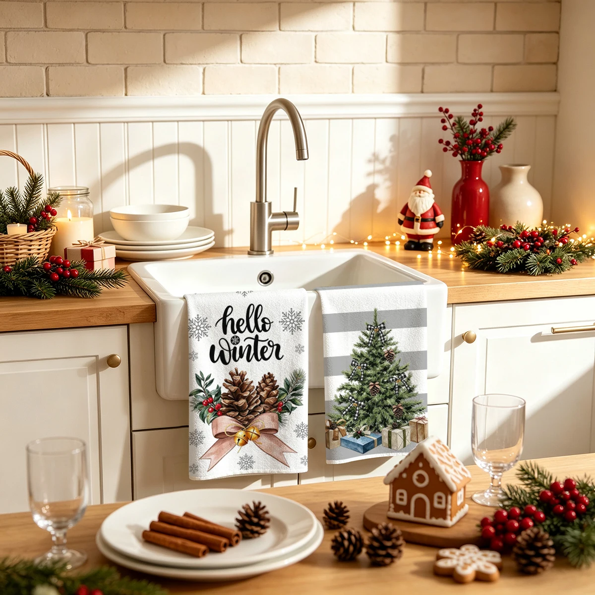 2/4/6Pcs Christmas Kitchen Towels Reindeer Snowman Xmas Tree Print Absorbent Multi‑Purpose Tea Towels Cleaning Dish Cloths