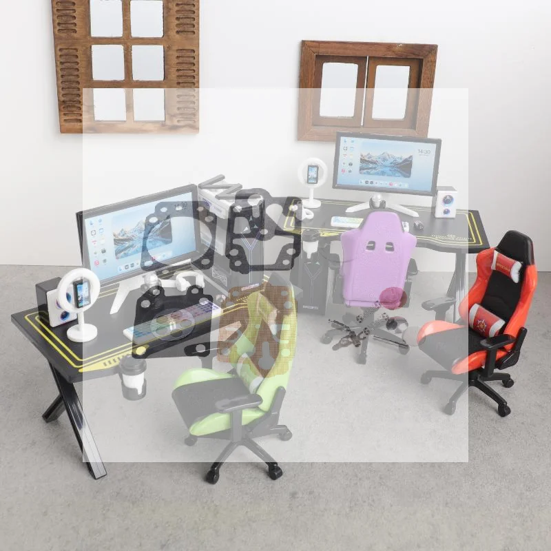 1/12 Dollhouse Mini Gaming Desk Chair Bundle with Realistic Computer Monitor Host Model for Doll House Scene Setup