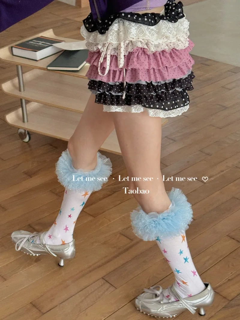 Japanese New Original Dreamy Girl Colorful Star White Calf Socks Lace Velvet Mid-Calf Women's Stockings Kawaii Sweet Y2k Hosiery