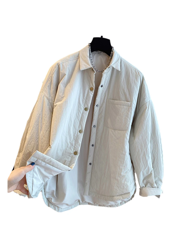 

Ele Lightweight down Cotton irt Women's Winter Loose Collar Hidden Button Warm Interlined Cotton Jaet Outerwear