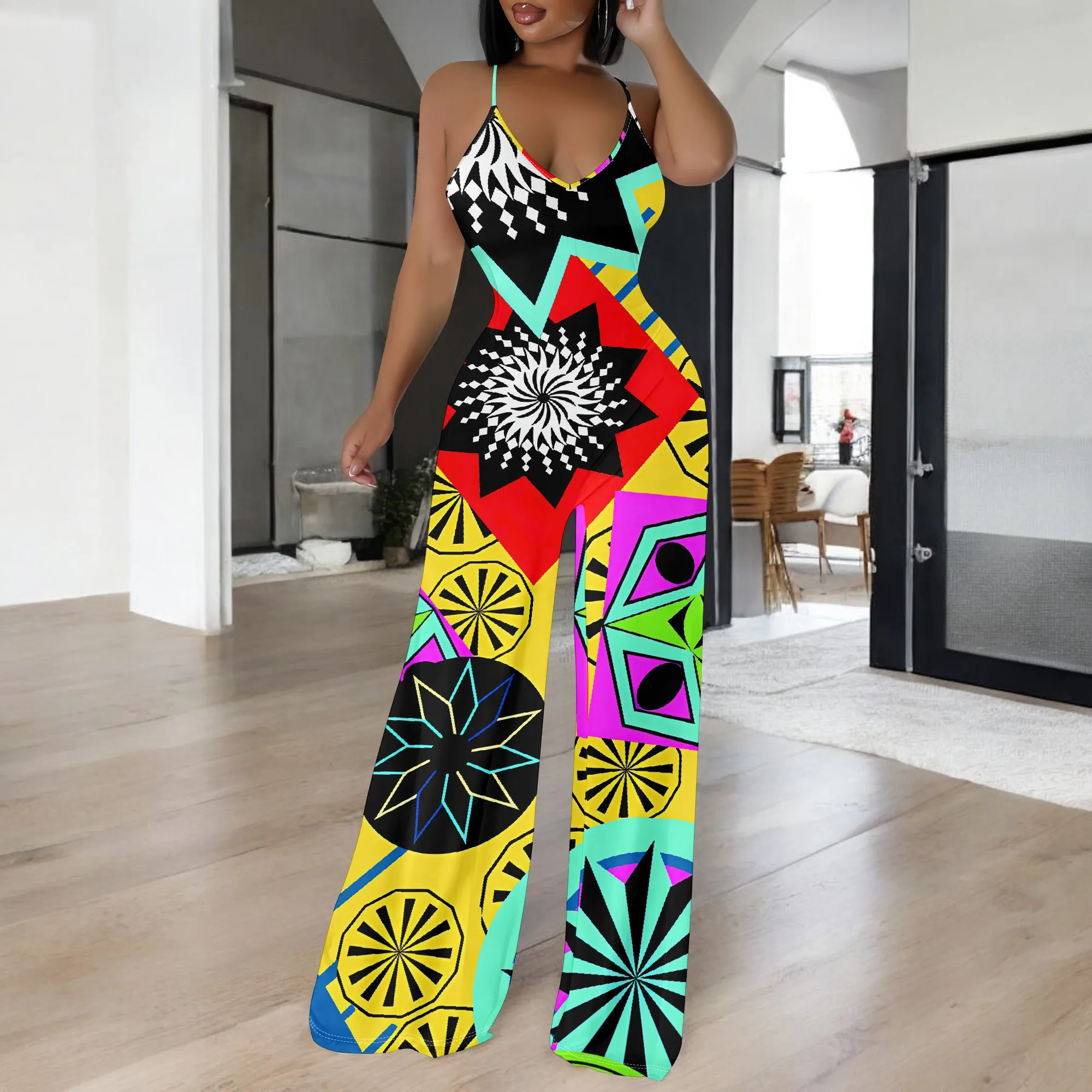 Women's Off Shoulder Sexy Crew Neck Loose Long Dress Fashion Printed Hem Club Party Casual Vacation Long Pants Jumpsuit