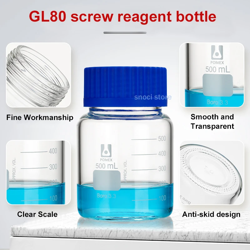 250ml/500ml/1000ml Graduated Round Glass Reagent Bottle Laboratory Transparent Sealed Bottle with Blue Screw Cap GL80