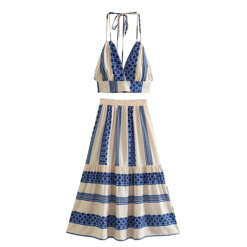 

Women's Summer Clothes Set 2025 New Vacation Style Stripe Printed Halter Camis Top+long Skirt Sets Casual Two-piece Beach Suits