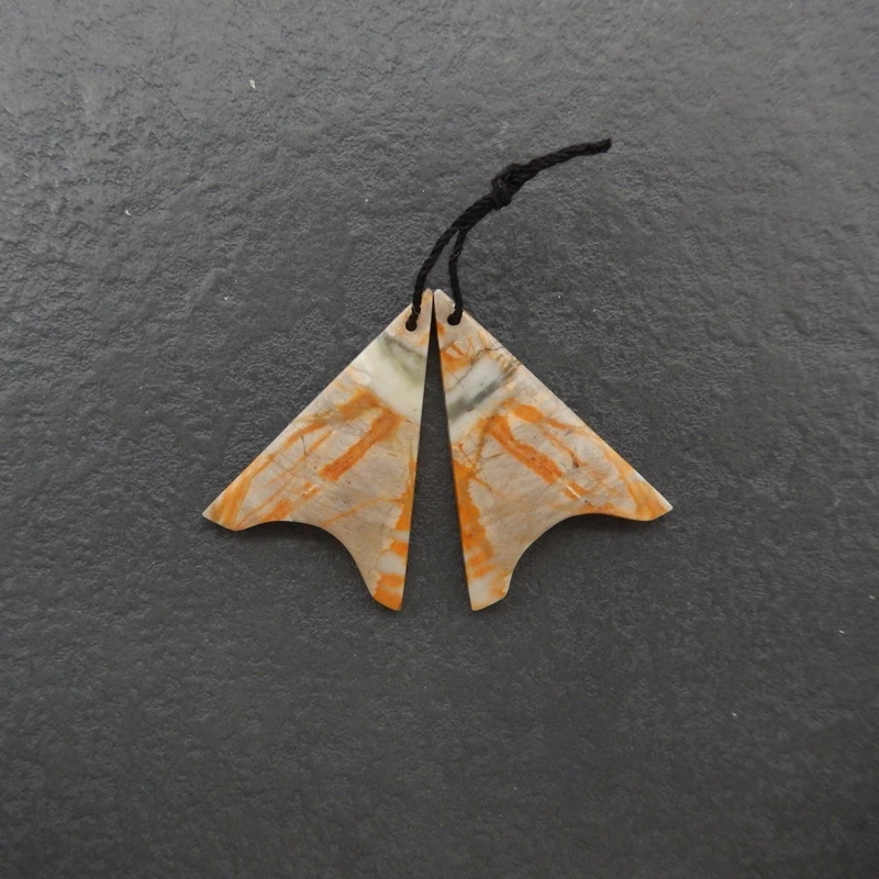 Picasso Jasper Matching Wing-Shaped Pendant Pair, Orange Marbled Gemstone, Jewelry Components 35x26x4mm-8.6g