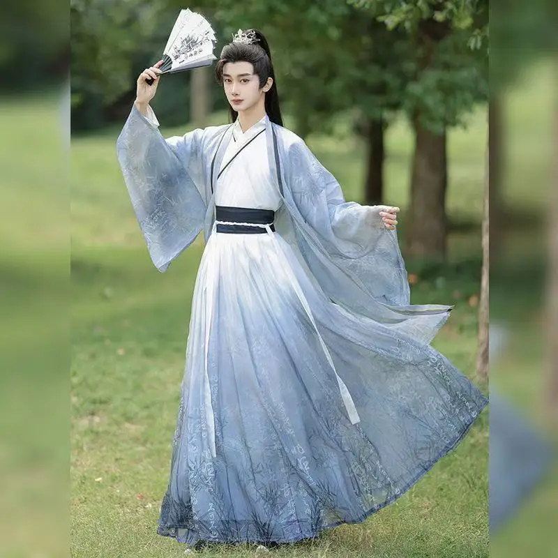 

Traditional Comfortable Chiffon Hanfu Men Women Weijin Period Chinese Dress Set Ancient Swordsman Cosplay Outfits Cross Collar